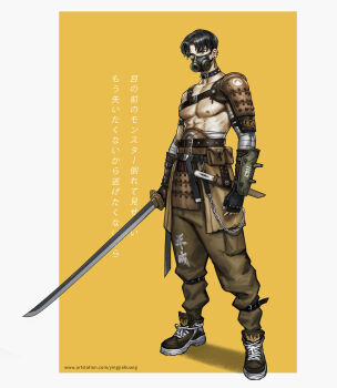 1boy absurdres arm_wrap armor arms_at_sides belt belt_pouch black_hair brown_pants brown_shoes chain clothes_writing collar commentary covered_mouth ear_piercing earrings eika127 english_commentary fingerless_gloves full_body gas_mask gloves highres holding holding_sword holding_weapon igote japanese_armor jewelry katana kote kusazuri leg_belt looking_at_viewer male_focus mask midriff_sarashi nipples original outside_border pants pants_tucked_in parted_bangs piercing pocket pouch sarashi scar scar_on_chest sheath sheathed shoes short_hair short_sword shoulder_armor sneakers sode solo spiked_collar spikes standing sword toned toned_male topless_male unsheathed watermark weapon web_address yellow_background yellow_theme