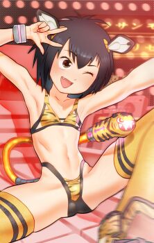 1girl :d animal_ears animal_print armpits arms_up bikini black_hair brown_eyes chinese_zodiac commentary eyelashes fake_animal_ears fang flat_chest hair_between_eyes halftone halftone_background highres kaze_fukeba_nanashi knee_up marvel midriff navel one_eye_closed open_mouth orange_bikini orange_thighhighs peni_parker reaching reaching_towards_viewer robot_ears salute short_hair sitting smile solo spider-man:_into_the_spider-verse spider-man_(series) spider-verse spread_legs swimsuit tail textless_version thighhighs tiger_ears tiger_print v v-shaped_eyebrows year_of_the_tiger