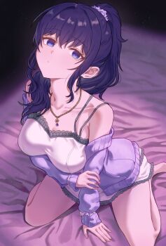 1girl arm_under_breasts asahina_mafuyu bare_shoulders bed_sheet breasts cardigan collarbone commentary_request dress empty_eyes hair_ornament hair_scrunchie highres jewelry kadokadokado large_breasts long_hair long_sleeves looking_at_viewer necklace off_shoulder on_bed open_cardigan open_clothes ponytail project_sekai purple_cardigan purple_eyes purple_hair purple_scrunchie scrunchie sitting solo spaghetti_strap wariza white_dress