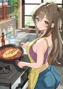 1girl ammo21204760 apron bare_arms bowl breasts brown_eyes brown_hair chili_pepper chopsticks commentary_request cooking cowboy_shot dated denim denim_skirt food frying_pan girls'_frontline girls'_frontline_2:_exilium hair_ornament hairclip highres holding holding_chopsticks holding_frying_pan indoors k2_(girls'_frontline) kitchen long_hair looking_at_viewer looking_to_the_side milk miniskirt omelet one_side_up pink_pupils purple_tank_top revision sink sinking skirt smile solo stove tank_top yellow_apron yoohee_(girls'_frontline_2)