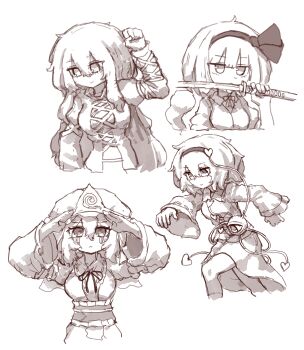 Rule 34 | 4girls, :<, absurdres, blush, bow, bowtie, breasts, buttons, closed mouth, collared shirt, commentary, cross-laced clothes, cross-laced dress, eyeball, frilled kimono, frills, greyscale, hair ornament, hairband, hat, heart, heart button, heart hair ornament, highres, hijiri byakuren, hitodama, holding, holding sword, holding weapon, japanese clothes, katana, kimono, kneehighs, komeiji satori, konpaku youmu, konpaku youmu (ghost), korean commentary, large breasts, long hair, long sleeves, looking at viewer, medium hair, mob cap, monochrome, multiple girls, neck ribbon, obi, puffy short sleeves, puffy sleeves, rampa93, ribbon, saigyouji yuyuko, sash, shirt, short sleeves, skirt, smile, socks, sword, third eye, touhou, triangular headpiece, very long hair, vest, weapon