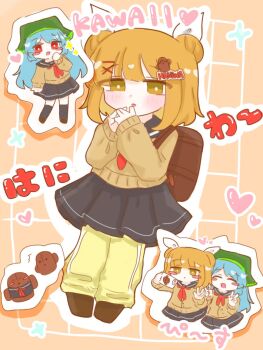 2girls :&lt; :o ^_^ alternate_costume anzu_cha709 bag black_skirt black_socks blonde_hair blue_hair blush blush_stickers brown_shirt brown_shoes buttons chibi closed_eyes commentary contrast_collar double_bun double_v green_headscarf hair_between_eyes hair_bun hair_ribbon haniwa_(statue) haniyasushin_keiki headscarf joutouguu_mayumi multiple_girls neckerchief open_mouth parted_bangs rectangular_mouth red_neckerchief ribbon school_bag school_uniform selfie shirt shoes short_hair skirt socks touhou translated v white_ribbon yellow_eyes