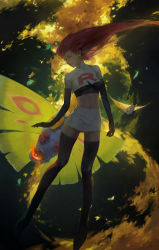 1girl a-shacho boots bug closed_eyes dustox earrings gen_3_pokemon hair_slicked_back highres insect jessie_(pokemon) jewelry leaf long_hair midriff miniskirt moth nintendo open_poke_ball poke_ball poke_ball_(basic) pokemon pokemon_(anime) pokemon_(creature) pokemon_rse_(anime) red_hair skirt smile team_rocket team_rocket_uniform thigh_boots thighhighs