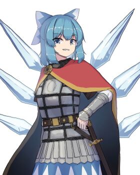 1girl allcy49 alternate_costume arm_armor arm_guards armor belt blue_bow blue_eyes blue_hair blue_skirt bow cape chainmail cirno cross cross_print crystal_wings grin hair_bow highres knight medieval red_cape russia sharp_teeth sidelocks skirt smile solo sword teeth touhou weapon wings yellow_trim