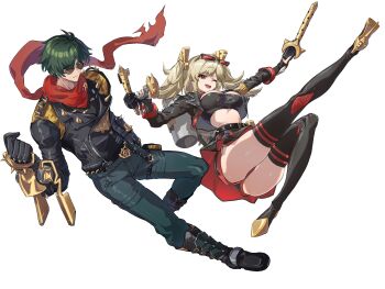 Rule 34 | 1boy, 1girl, absurdres, black boots, black jacket, black skirt, black thighhighs, black tube top, blonde hair, boots, burnice white, crop top, dynamic pose, eyewear on head, flamethrower, full body, gold shoes, green hair, high heels, highres, jacket, leather, leather jacket, lighter (zenless zone zero), one eye closed, propane tank, red-tinted eyewear, red scarf, sakazuki sudama, scarf, shoes, shoulder spikes, simple background, skirt, spiked belt, spiked jacket, spikes, stiletto heels, strapless, studded gloves, sunglasses, thighhighs, tinted eyewear, torn clothes, torn scarf, tube top, two side up, weapon, white background, zenless zone zero