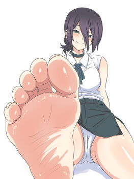 1girl absurdres barefoot black_hair blush cameltoe chainsaw_man feet green_eyes highres long_hair looking_at_viewer nush_advance panties pantyshot reze_(chainsaw_man) smile soles toes underwear