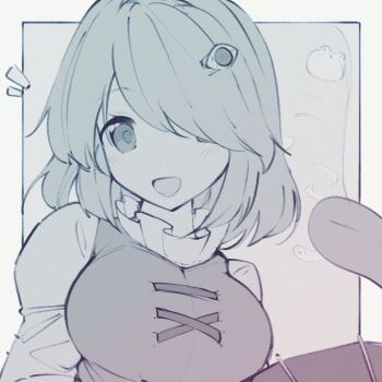 1girl blush breasts closed_eyes frog_hair_ornament from_behind hair_ornament hairclip highres kochiya_sanae long_sleeves medium_breasts medium_hair monochrome nazawa_(nother) one_eye_covered open_mouth shirt smile snake_hair_ornament solo tatara_kogasa touhou turtleneck turtleneck_shirt upper_body vest white_shirt