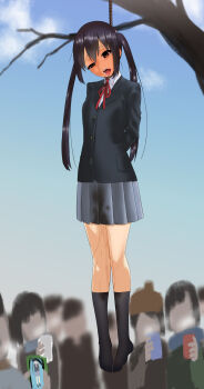 1girl black_hair black_socks blush breasts brown_eyes corpse crowd death execution guro hanged highres k-on! kanbutsu_(kanbu2) long_hair nakano_azusa open_mouth peeing peeing_self sakuragaoka_high_school_uniform saliva school_uniform small_breasts socks tears tongue tongue_out twintails