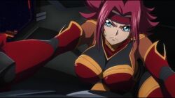 1girl animated anime_screenshot audible_speech blue_eyes bodysuit breasts code_geass code_geass:_dakkan_no_roze english_audio headband highres huge_breasts japanese_audio kouzuki_kallen large_breasts mecha red_hair robot short_hair solo sound tagme video