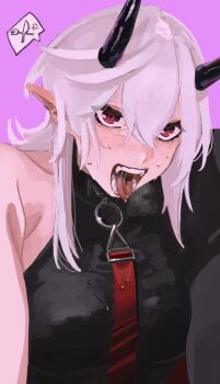 bare_shoulders billyonthestraw breasts drooling fangs fangs_out hair_between_eyes highres horns hungry imp indie_virtual_youtuber looking_at_viewer open_mouth pointy_ears red_eyes rinkya simple_background steam tongue_out sweatdrop virtual_youtuber wolf_cut