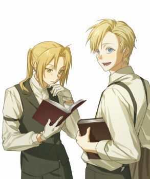 2boys alphonse_elric arm_up black_pants black_vest blue_eyes book brothers closed_mouth collared_shirt commentary_request cowboy_shot edward_elric fullmetal_alchemist gloves hanamizz0111 highres holding holding_book korean_commentary lapels long_hair long_sleeves male_focus multiple_boys notched_lapels open_book pants parted_hair ponytail reading shirt shirt_tucked_in short_hair siblings simple_background sleeve_cuffs smile suspenders teeth vest white_background white_gloves white_shirt yellow_eyes