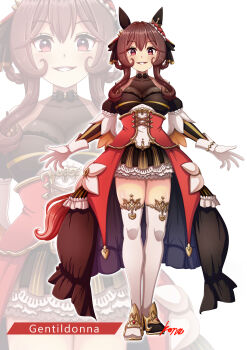 1girl absurdres animal_ears asymmetrical_footwear bare_shoulders black_dress blush braid braided_hair_rings breasts brown_hair character_name cleavage collarbone commentary_request corset detached_sleeves dress ear_covers ear_ornament full_body gentildonna_(regina_dei_fiori)_(umamusume) gentildonna_(umamusume) gloves hair_between_eyes hair_ornament hair_rings heart-shaped_ornament heart_ear_ornament highres horse_ears horse_girl konsu_(konsu1182da) large_breasts long_hair looking_at_viewer mismatched_footwear parted_lips red_corset red_eyes see-through_cleavage see-through_clothes simple_background smile thighhighs thighs umamusume white_background white_gloves white_thighhighs zoom_layer