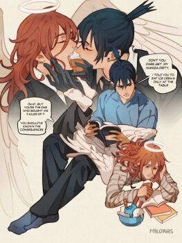 2boys angel angel_devil_(chainsaw_man) angel_wings angrymiloras artist_name black_gloves black_hair black_necktie black_pants blue_socks book chainsaw_man closed_eyes collared_shirt english_text food gloves hair_between_eyes halo hayakawa_aki highres holding holding_book holding_food holding_ice_cream ice_cream long_sleeves looking_at_another male_focus manga_(object) multiple_boys multiple_views necktie no_shoes on_person open_book pants shared_food shirt short_hair socks speech_bubble striped_clothes striped_shirt topknot traditional_halo white_socks white_wings wings