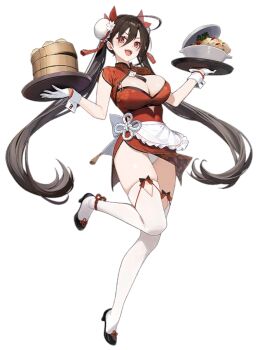 1girl 3d action_taimanin apron bouncing_breasts breasts brown_hair china_dress chinese_clothes cleavage_cutout clothing_cutout double_bun dress food full_body gloves hair_bun highres holding holding_food holding_tray jumping kasumigaoka_rika large_breasts lilith-soft long_hair navel official_art okuma_mai open_mouth orange_eyes panties shiny_skin smile solo taimanin_(series) transparent_background tray twintails underboob underwear very_long_hair waitress white_apron white_gloves white_panties