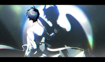 1boy absurdres black_hair coat commentary cowboy_shot demon_horns different_shadow dragging elzfbrvsnr30247 english_commentary hand_in_pocket hand_on_wall highres horns kim_dokja lens_flare letterboxed light_particles male_focus official_alternate_costume omniscient_reader&#039;s_viewpoint open_clothes open_coat outstretched_arm short_hair solo white_coat wings