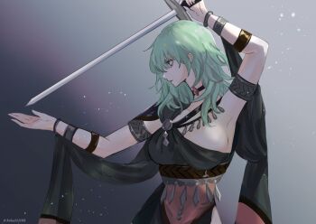 1girl absurdres arm_up armband armpits black_choker breasts choker cleavage dancer dancer_(fire_emblem:_three_houses) female_byleth_(fire_emblem) fire_emblem fire_emblem:_three_houses green_eyes green_hair helen_(helen2210hk) highres holding holding_sword holding_weapon large_breasts light_particles long_hair looking_to_the_side nintendo parted_lips profile sideboob solo sword twitter_username weapon