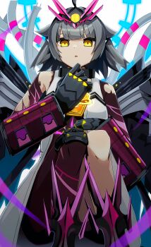 1girl absurdres armored_boots black_gloves boots cable duel_masters duel_masters_play&#039;s from_below gloves grey_hair highres leotard mecha_musume medium_hair open_clothes open_mouth open_vest purple_leotard solo tofubone torn_clothes torn_leotard vambraces vest vivi_(duel_masters_play&#039;s) white_background white_vest yellow_eyes