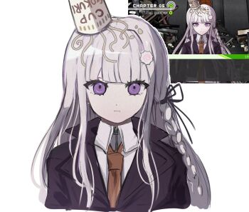 Rule 34 | 1girl, black ribbon, braid, brown necktie, collared shirt, commentary request, danganronpa: trigger happy havoc, danganronpa (series), food, food on head, game screenshot inset, hair ribbon, highres, instant cup noodles, instant noodles, jacket, kirigiri kyoko, long hair, long sleeves, looking at viewer, necktie, noodles, object on head, purple eyes, ribbon, screenshot inset, shirt, side braid, solo, uto (inutanukawaii), white background