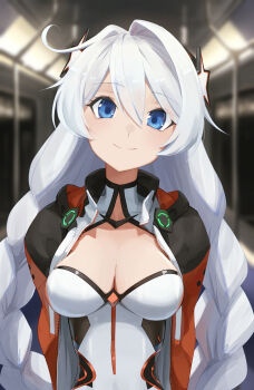 1girl absurdres ahoge blue_eyes blurry blurry_background bodysuit braid breasts cleavage cleavage_cutout closed_mouth clothing_cutout highres honkai_(series) honkai_impact_3rd indoors jacket kiana_kaslana kiana_kaslana_(white_comet) long_hair long_sleeves looking_at_viewer medium_breasts nstch_root_a orange_jacket solo subway tareme twin_braids white_bodysuit white_hair