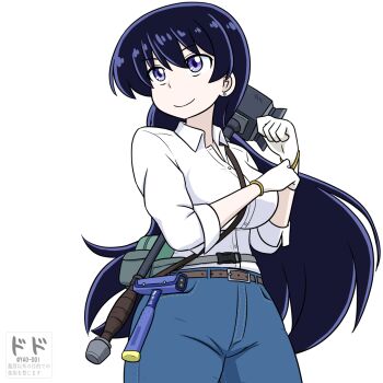 1girl arato_nagi black_hair blue_eyes collared_shirt commentary_request denim dodo_(yad-ddi) earrings gloves hammer highres jeans jewelry long_hair pants partially_unbuttoned ruri_no_houseki shirt simple_background smile stud_earrings unbuttoned unbuttoned_shirt white_background white_gloves white_shirt