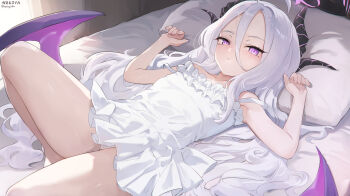 1girl absurdres ahoge alternate_costume artist_name bare_shoulders bedroom black_halo black_horns blue_archive blush breasts collarbone demon_girl demon_horns demon_wings dress flat_chest frilled_dress frills hair_between_eyes halo hands_up highres hina_(blue_archive) horns indoors knee_up light_blush loli long_hair looking_at_viewer low_wings lying multiple_horns nekoya_(liu) on_back on_bed panties parted_lips purple_eyes small_breasts solo strap_slip thighs underwear very_long_hair white_dress white_hair white_panties wings