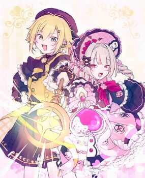 1boy 1girl aida_(ai_d_2) ascot beret black_ascot blonde_hair bonnet brown_hair capelet dress frilled_sleeves frills glowing green_eyes hat highres holding holding_wand long_hair long_sleeves magical_boy magical_girl makaino_ririmu nijisanji official_alternate_costume petticoat pink_eyes short_hair simple_background uzuki_kou vest virtual_youtuber wand white_background yellow_vest