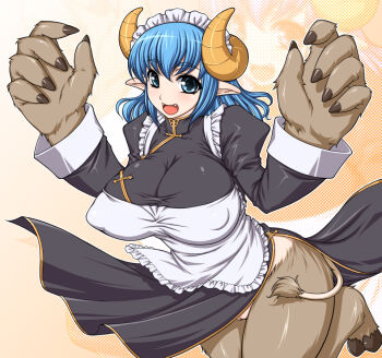 Rule 34 | 1girl, apron, bad id, bad pixiv id, blue eyes, blue hair, breasts, chinese clothes, clothes lift, curvy, fangs, female focus, fur, futaba channel, hooves, horns, huge breasts, long hair, maid, maid apron, masa yuki, matching hair/eyes, monster girl, nijiura maids, open mouth, pointy ears, puffy nipples, pussy, skirt, skirt lift, smile, solo, tail, toutetsu, yukimasa (nkk145)