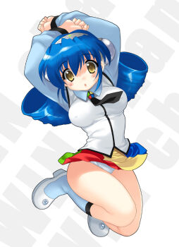 1girl :o ankle_socks aqua_sleeves aqua_socks archived_source arms_behind_back black_necktie blue_skirt blush breasts collared_shirt colored_skin contrast_collar covered_erect_nipples curled_ends dress_shoes emily_(pure_dream) english_text fingernails full_body green_skirt hair_between_eyes hair_ornament large_breasts long_sleeves looking_at_viewer microsoft_windows multicolored_skin narrow_waist necktie open_mouth os-tan panties personification pleated_skirt product_girl red_skirt shirt shoes simple_background skin_tight skirt sleeve_cuffs socks solo tech_win text_background thighs underwear white_background white_panties white_shirt white_shoes winchan wing_collar yellow_eyes yellow_skirt