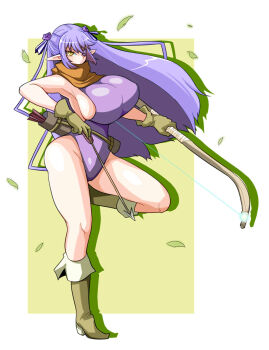 1girl alternate_breast_size_(larger) alternate_costume arrow_(projectile) barasuishou boots bow_(weapon) breasts brown_boots brown_scarf closed_mouth commentary_request elf eyepatch flower full_body highres holding holding_arrow holding_bow_(weapon) holding_weapon huge_breasts itini-sanshi leaf leotard long_hair looking_at_viewer pointy_ears purple_flower purple_hair purple_leotard purple_rose quiver rose rozen_maiden scarf shadow sideboob simple_background solo standing standing_on_one_leg two-tone_background very_long_hair weapon white_background yellow_eyes