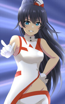 1girl antenna_hair black_hair blue_eyes breasts character_request dars_(recolors) ganaha_hibiki garrison_cap gloves grin hair_between_eyes hand_on_own_hip hat high_ponytail highres idolmaster idolmaster_(classic) index_finger_raised jacket long_hair looking_at_viewer medium_breasts midriff navel ponytail sleeveless sleeveless_jacket smile solo standing stomach very_long_hair voy@ger_(idolmaster) white_gloves white_jacket