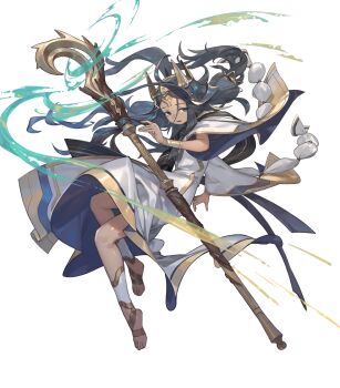 1girl attack black_eyes crown dark-skinned_female dark_skin fire_emblem fire_emblem_heroes gold_trim highres holding holding_staff long_hair nintendo non-web_source parted_lips robe solo staff vanitas_(fire_emblem) very_long_hair white_robe