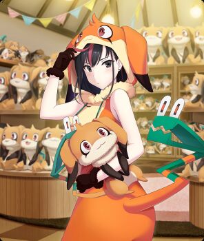 Rule 34 | 1girl, :3, bare arms, bare shoulders, black eyes, black gloves, black hair, blush, bodysuit, cabinet, character costume, character doll, checkered floor, closed mouth, cosplay, cowboy shot, doll, earrings, from side, game cg, gloves, hand on headwear, hanging light, holding, holding stuffed toy, inago akira, indoors, jewelry, looking at viewer, multicolored hair, nene (toji no miko), nene (toji no miko) (cosplay), official art, orange bodysuit, orange hood, red eyes, red streaks, reflective floor, shelf, single hair streak, smile, solo, streaked hair, string of flags, stud earrings, stuffed animal, stuffed toy, tail, tail mouth, third-party source, toji no miko, toji no miko: kizamishi issen no tomoshibi, too many dolls