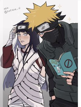 1boy 1girl bandaged_arm bandages black_gloves black_hair blonde_hair blue_eyes blush book cosplay dress fingerless_gloves flak_jacket forehead_protector gloves hand_in_pocket hatake_kakashi hatake_kakashi_(cosplay) highres holding holding_book hyuuga_hinata icha_icha_(naruto) jacket konohagakure_symbol long_sleeves looking_at_viewer mask mouth_mask naruto_(series) naruto_shippuuden notane_n one_eye_covered open_book purple_eyes spiked_hair twitter_username uzumaki_naruto white_dress yuuhi_kurenai yuuhi_kurenai_(cosplay)
