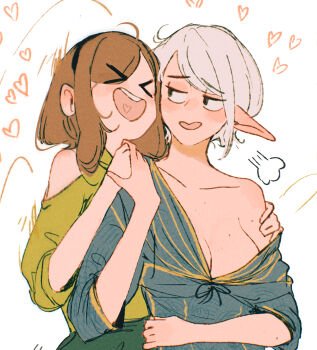 >_< 2girls alternate_hair_length alternate_hairstyle asimov_(spindle_(aidenr0)) breasts brown_hair cleavage closed_eyes collarbone commentary english_commentary hand_on_another's_shoulder heart highres holding_hands long_sleeves medium_hair multiple_girls multiple_moles open_mouth original ottilie_(spindle_(aidenr0)) pointy_ears puff_of_air short_hair single_bare_shoulder smile spindle_(aidenr0) teeth upper_teeth_only white_hair yuri