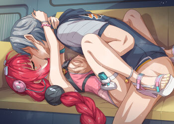 1boy 1girl braid breasts clothed_sex commentary_request couch eyewear_on_head grabbing_another&#039;s_breast green_eyes grey_hair groping hair_ornament heart heart-shaped_eyewear hetero indoors kiss knees long_hair lying marugoshi_(54burger) missionary nipples official_alternate_costume on_back on_couch one-piece_swimsuit pink_one-piece_swimsuit red_hair sandals sex short_hair short_sleeves smile sphere_hair_ornament swimsuit thigh_strap thighs toes ukinami_yuzuha ukinami_yuzuha_(tanuki_in_broad_daylight) variant_set white_sandals wise_(peaceful_waves)_(zenless_zone_zero) wise_(zenless_zone_zero) zenless_zone_zero