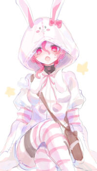 1girl animal_hood bag crossed_legs feet_out_of_frame hair_between_eyes head_tilt hoge_(n8sss) hood hood_up identity_v jacket looking_at_viewer medium_hair melly_plinius melly_plinius_(cony) official_alternate_costume open_mouth pink_eyes pink_hair pink_theme puffy_sleeves rabbit_hood satchel solo striped_clothes striped_thighhighs tareme thighhighs white_jacket