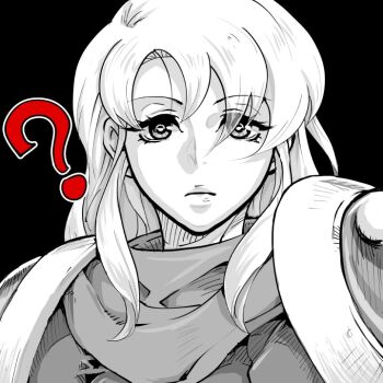 1girl ? armor black_background cape character_request copyright_request eyes_visible_through_hair greyscale hair_between_eyes lips long_hair looking_at_viewer monochrome neck okeko scarf shoulder_armor sidelocks solo