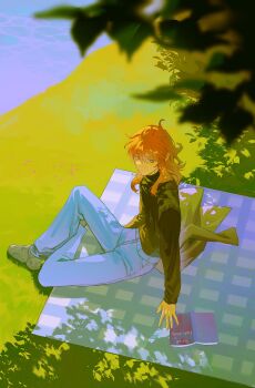 1boy absurdres alternate_costume black_shirt blue_pants book closed_mouth commentary_request dappled_sunlight day denim fate/grand_order fate_(series) grass green_eyes green_jacket hair_between_eyes hair_down highres jacket jeans korean_commentary leaf long_hair long_sleeves looking_at_object male_focus on_ground orange_hair outdoors pants picnic_blanket romani_archaman shirt shirt_tucked_in shoes sitting sneakers solo sumssingbo sunlight turtleneck turtleneck_shirt unworn_jacket water white_shoes