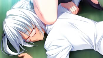 2girls asphyxiation black_ribbon black_shoes chiara_farrell closed_eyes closed_mouth fumio_(ura_fmo) game_cg glasses grisaia_(series) grisaia_no_rakuen hair_ribbon harudera_yuria knee_on_another's_neck long_sleeves lying multiple_girls non-web_source official_art on_ground on_stomach out_of_frame red-framed_eyewear ribbon shirt shoes short_hair solo_focus tears twintails upper_body variant_set white_hair white_shirt