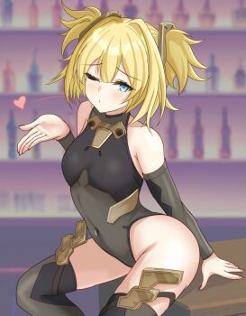 1girl absurdres arm_support bar_(place) blonde_hair blowing_kiss blue_eyes blush breasts covered_navel heart highres legs leotard looking_at_viewer medium_breasts one_eye_closed puckered_lips short_hair sitting solo starward table thighs twintails