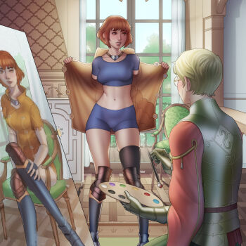 1boy 1girl armor armored_boots asymmetrical_legwear bare_shoulders bike_shorts black_thighhighs blush bob_cut boots breasts carlos_vitor chair clothes_pull coat collarbone commentary commission commissioner_upload easel embarrassed english_commentary female_pubic_hair fire_emblem fire_emblem:_three_houses fire_emblem_warriors:_three_hopes flashing frown gauntlets glasses gluteal_fold green_hair highres holding holding_paintbrush ignatz_victor indoors jewelry knee_armor leonie_pinelli medium_breasts midriff naked_coat navel necklace nintendo nipples nude official_alternate_costume official_alternate_hairstyle opened_by_self orange_eyes orange_hair paint_palette paint_splatter paintbrush painting_(object) portrait_(object) pubic_hair pussy shorts sidelocks single_thighhigh sitting skindentation sports_bra standing stomach sweatdrop thighhighs thighs uncensored window
