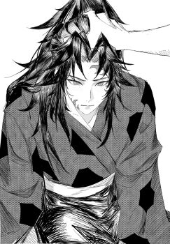 1boy 1other closed_mouth commentary_request cowboy_shot curtained_hair facial_mark greyscale hand_on_another's_head hatching_(texture) highres japanese_clothes kimetsu_no_yaiba kimono light_blush linear_hatching long_hair long_sleeves looking_ahead male_focus monochrome parted_bangs ponytail sidelocks simple_background tsugikuni_michikatsu white_background yjfengle