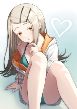Rule 34 | 1girl, arm support, bikini, blonde hair, blush, breasts, collarbone, colored eyelashes, commentary, drawstring, earrings, feet out of frame, flipped hair, gakuen idolmaster, gradient background, green bikini, grey hair, hair ornament, hairclip, hand up, heart, highres, hood, hood down, hooded jacket, idolmaster, jacket, jewelry, kimi to semi blue (idolmaster), knees up, long hair, looking at viewer, open mouth, orange eyes, parallel hairclips, shinosawa hiro, single off shoulder, sitting, small breasts, solo, stud earrings, swimsuit, taba neruko, white jacket
