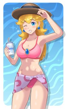 1girl arm_up armpits arms_behind_head artist_name bikini blonde_hair breasts cleavage drink grin half-closed_eyes highres large_breasts legs long_hair looking_at_viewer mario_(series) navel nintendo one_eye_closed pink_bikini pink_lips ponytail princess princess_peach sarong side-tie_bikini_bottom smile solo swimsuit teeth thighs toned wink