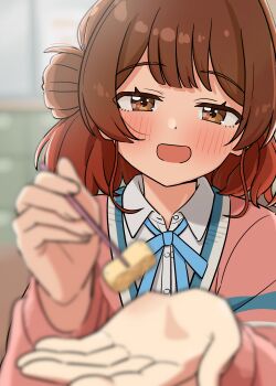 1girl absurdres aroon blue_ribbon blurry blurry_background blush brown_hair cardigan chopsticks commentary_request food foreshortening gakuen_idolmaster gradient_hair hanami_ume hatsuboshi_gakuen_school_uniform highres holding holding_chopsticks idolmaster incoming_food long_sleeves looking_at_viewer multicolored_hair neck_ribbon omelet orange_hair pink_cardigan ribbon school_uniform shirt smile solo tamagoyaki upper_body white_shirt