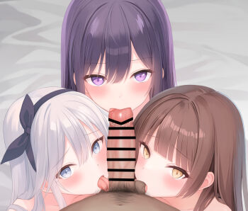 1boy 3girls aihara_mei bar_censor black_hair blush caressing_testicles censored citrus_(saburouta) cooperative_fellatio erection fellatio group_sex harem hetero highres licking licking_penis licking_testicle long_hair looking_at_viewer male_pubic_hair mizuno-go multiple_girls open_mouth oral out_of_character penis penis_on_face pov pubic_hair purple_eyes smegma tachibana_nina_(citrus) taniguchi_harumi teamwork teamwork_(sexual) testicle_sucking testicles