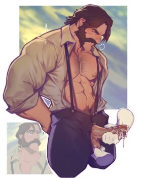 1boy abs absurdres arms_behind_back bara bare_pectorals brown_hair chest_hair collared_shirt commentary cropped_legs cum disembodied_hand erection facial_hair handjob highres holo_eden large_pectorals long_sideburns male_focus muscular muscular_male mustache navel_hair nipples open_clothes open_shirt pants pectorals penis_out reference_inset shirt short_hair sideburns sleeves_rolled_up solo_focus suspenders symbol-only_commentary tarzan&#039;s_father_(disney) tarzan_(disney_movie) testicles