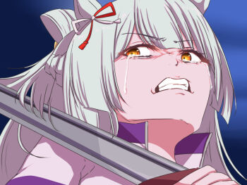 1girl anikinoihai893 animal_ears aura_kill_yourself_(meme) bow clenched_teeth commentary_request crying ear_ribbon folded_hair folded_ponytail fujimasa_march_(umamusume) grey_hair holding holding_sword holding_weapon horse_ears horse_girl imminent_suicide jacket kasamatsu_tracen_training_uniform long_hair long_sleeves meme multicolored_jacket open_mouth parody scene_reference solo sousou_no_frieren suicide sword tears teeth track_jacket umamusume umamusume:_cinderella_gray weapon yellow_eyes