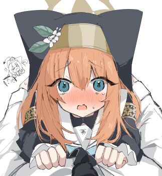 1boy 1girl animal_ear_headwear animal_ears black_veil blue_archive blue_eyes blush cat_ears cat_girl coif commentary_request doodle_sensei_(blue_archive) fake_animal_ears flower hair_between_eyes hair_flower hair_ornament halo hat hat_flower highres long_hair long_sleeves looking_at_viewer mamiya076 mari_(blue_archive) neckerchief necktie nun open_mouth orange_hair pov pushing_down sailor_collar sensei_(blue_archive) simple_background solo_focus veil white_background white_flower yellow_halo
