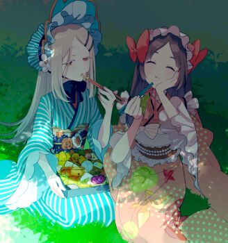 2girls aqua_bonnet aqua_kimono bento blonde_hair blush bonnet bow brown_hair chinstrap chopsticks closed_eyes closed_mouth colored_eyelashes commentary_request dappled_sunlight eating feet_out_of_frame flipped_hair frilled_bonnet frilled_hairband frilled_kimono frills gakuen_idolmaster hair_bow hair_ornament hairband hairclip hand_on_own_cheek hand_on_own_face highres holding holding_chopsticks idolmaster ito_31 japanese_clothes kimono kuramoto_china lolita_fashion multiple_girls obi obiage obidome obijime on_ground open_mouth orange_eyes outdoors parallel_hairclips parted_bangs pink_kimono red_bow sash seiza shade shinosawa_hiro sitting striped_clothes striped_kimono sunlight wa_lolita white_hairband wide_sleeves yokozuwari